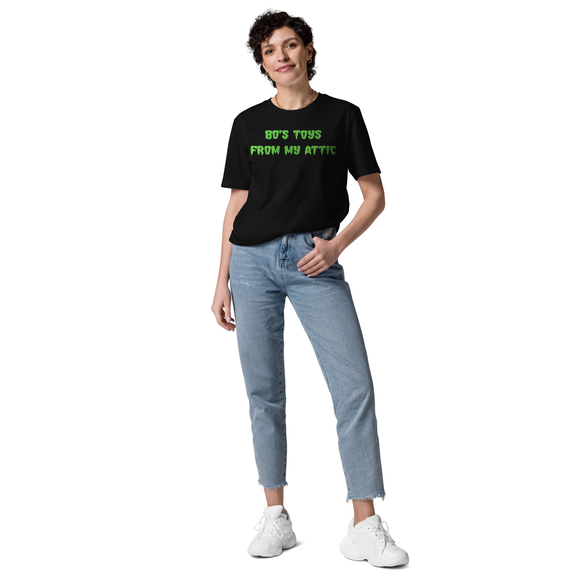 woman wearing 80’s Toys From My Attic Slime Tee